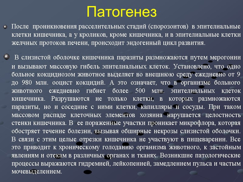 Патогенез После  проникновения расселительных стадий (спорозоитов)  в эпителиальные клетки кишечника, а у